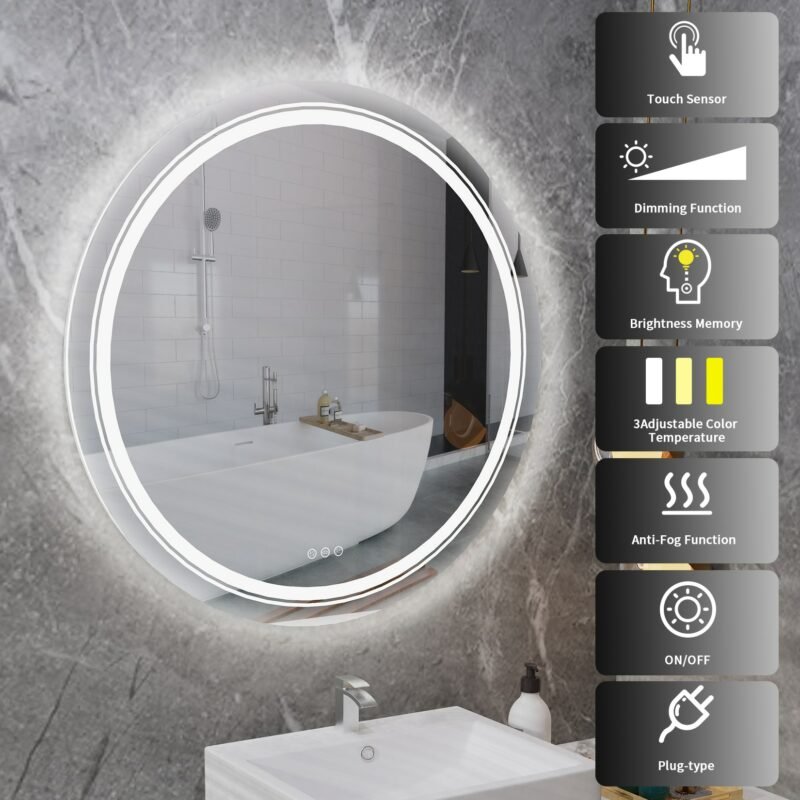 Large Round  LED Lighted Bathroom Mirror Wall Mount Vanity Frameless Backlit Touch Dimmer Switch Anti-Fog 3 Color 4