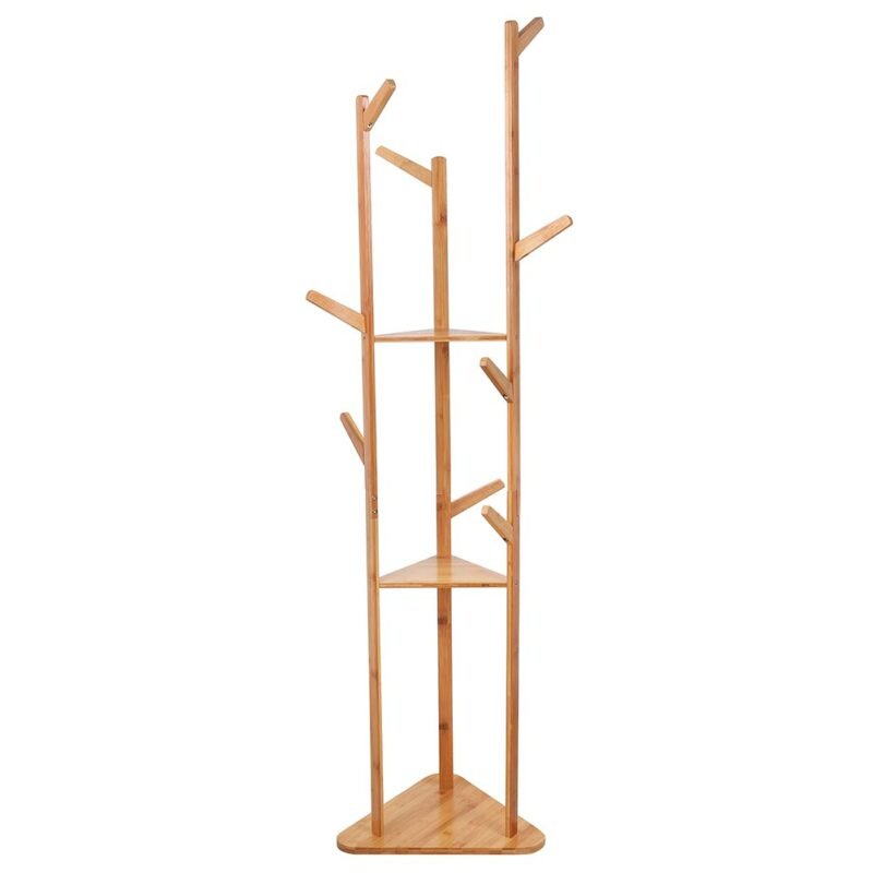 Bamboo Coat Rack Tree Cloth Hanger 9 Hooks 3-Layer Shelf Stand Hallway Living Room for Hat,Clothes,Scarves,Handbags,Umbrella 6
