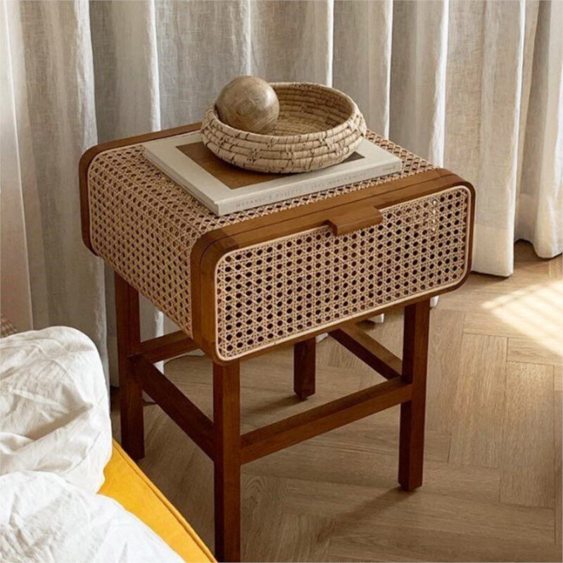 FULLLOVE Simple Retro Bedside Table Home Bedroom Living Room Small Side Cabinet Ins Solid Wood Rattan Shelf Bedroom Furniture 4