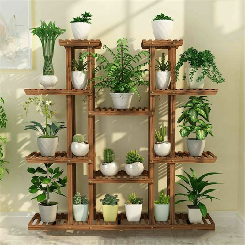 UNHO Multi-Tier Plant Stand, 46in Height Wood Flower Rack Holder 16 Potted Display Storage Shelves Indoor Outdoor for Patio Gard 1