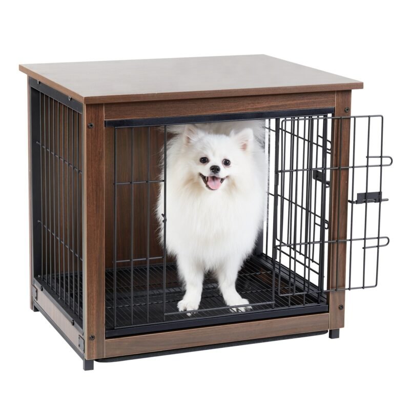 Vintage Pet Crate Dog Cage with Table Top Wooden Barrier Gate With Floor Tray for Indoor 4