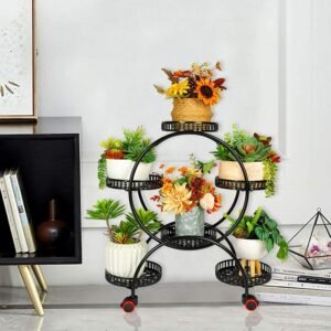 6 Pot Metal Plant Stand Multi-Layer Plant Holder Flower Pot Rack with Wheels for Garden Yard Indoor Outdoor 1