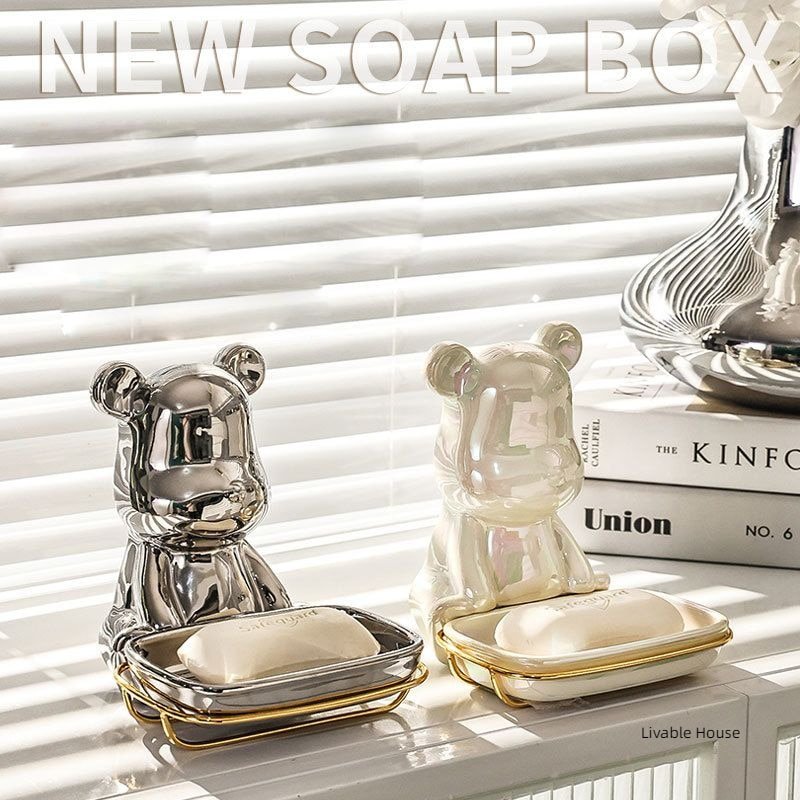 Light Luxury Bear Soap Box ceramics Bathroom Holder Dish golden Storage Drain Plate Tray Shower Supplies Gadgets 2