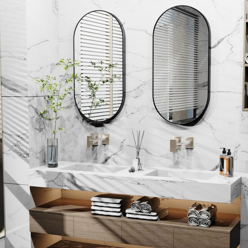 Black Oval Mirror, 20x40"Oval Black Mirror Metal Frame for Bathroom, Entryway, Living Room Vertical & Horizontal Hang 3