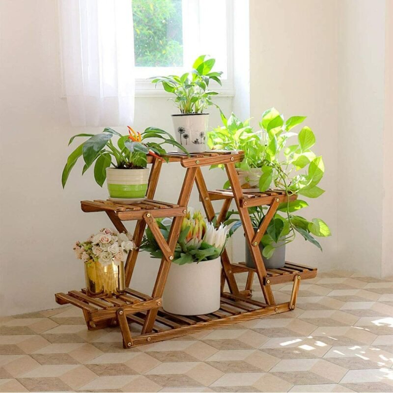 6 Tiered Wood Plant Stand Indoor Outdoor Carbonized Triangle Corner Plant Rack 4