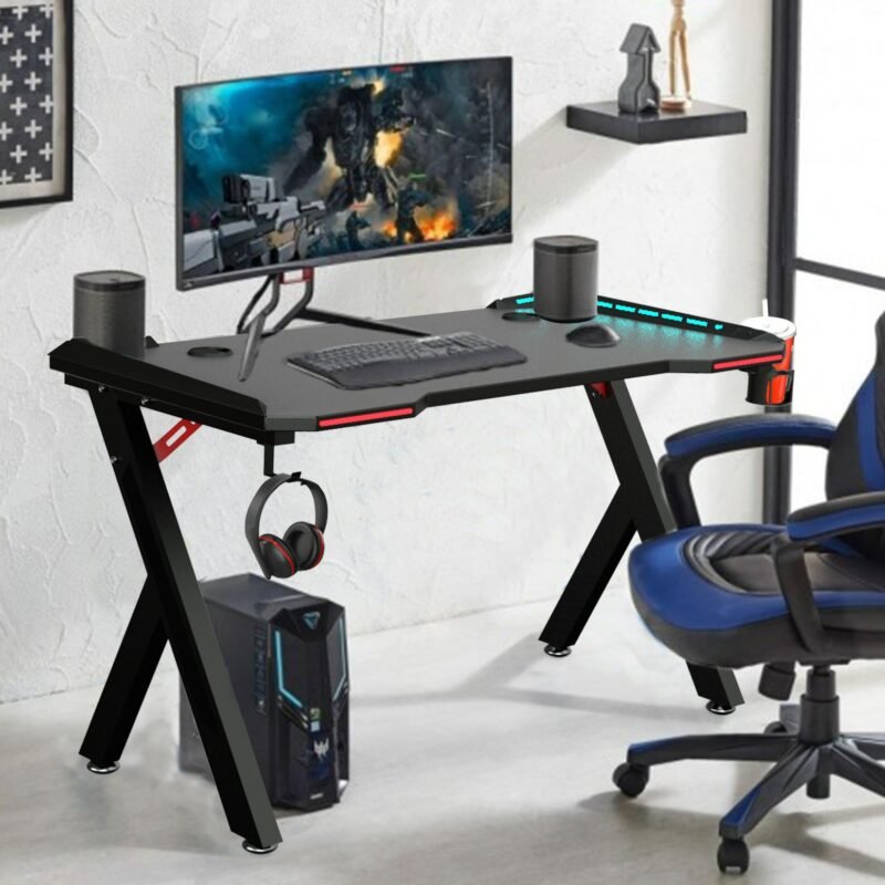 Gaming Desk PC Computer Gamer Desk Ergonomic Workstation with RGB LED Lights Headphone Hook Cup Holder for Home Offices 4