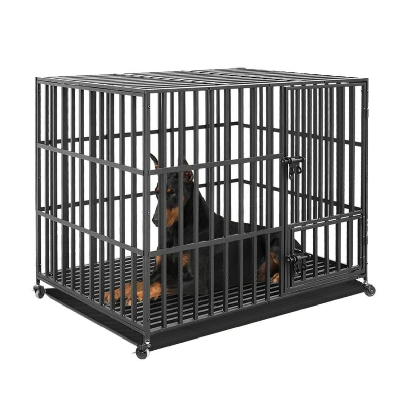 37” 42” 46” Heavy Duty Dog Cage Metal Pet Dog Crate 3 Doors Locks Design Kennel Playpen with 4 Lockable Wheels Removable Tray 1