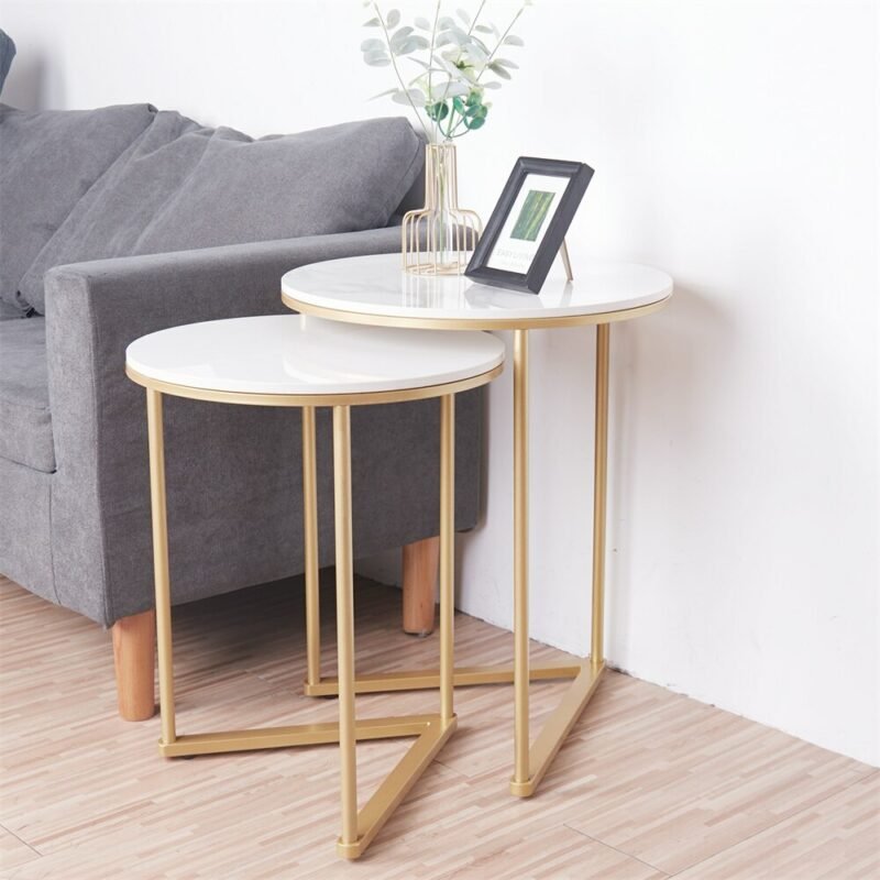 Modern Round Marble Metal Base Nesting Set Side Accent Table Living Room Storage Small End Table, Set of 2, Marble and Gold 4