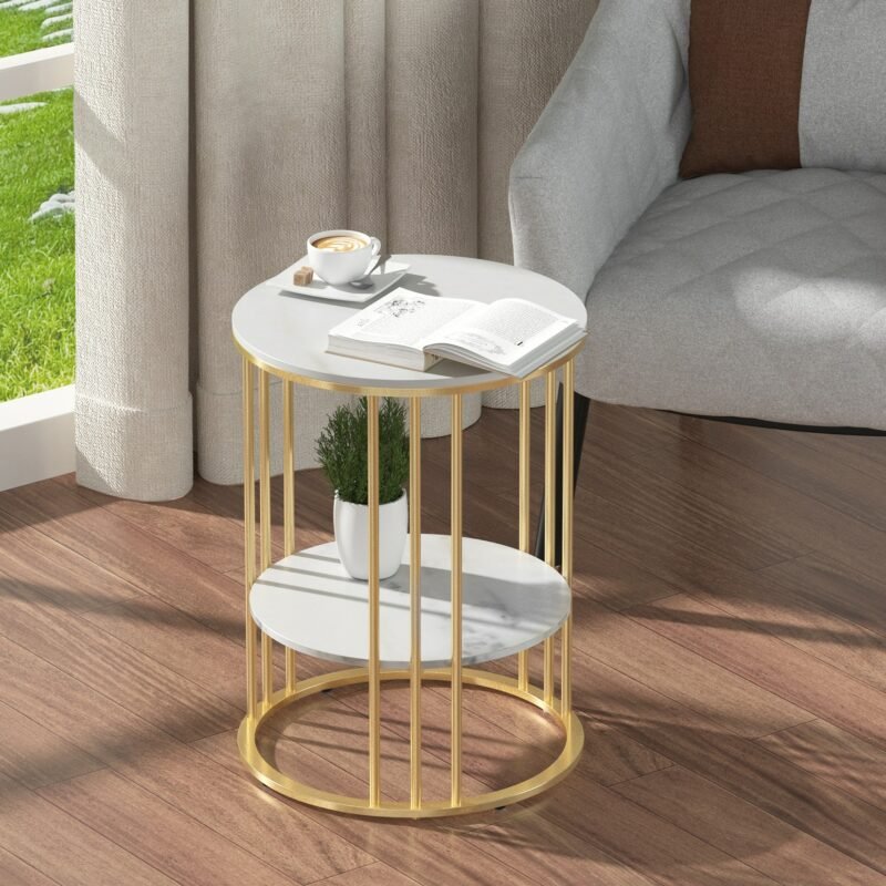 Round Marble Accent Table End 2 Tiers Storage Table Gold Metal Frame Nightstand for Living Room, Bedroom 4