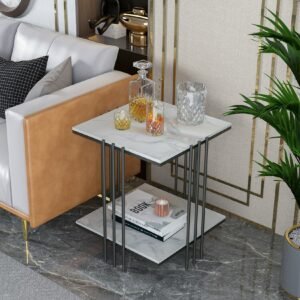 2-Tier Marble Sofa Side Table Coffee Table Modern Square Black Metal Frame for Living Room Accent 1