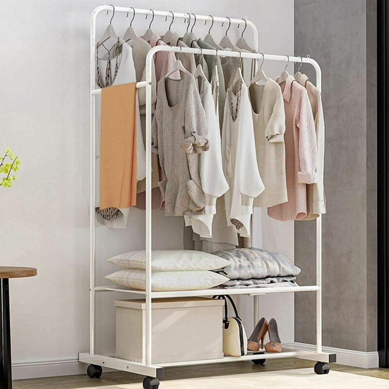 1.5m Large Clothes Rack Double Rail Rolling Stand Shoes Rack Storage Shelf White 2