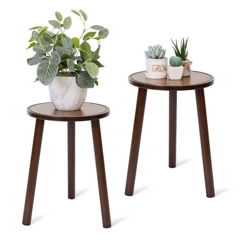 Set of 2 Wood Plant Stand Mid Century Side Table 16.5’’ Tall Round Side End Table Flower Pot Holder Home Decor 2