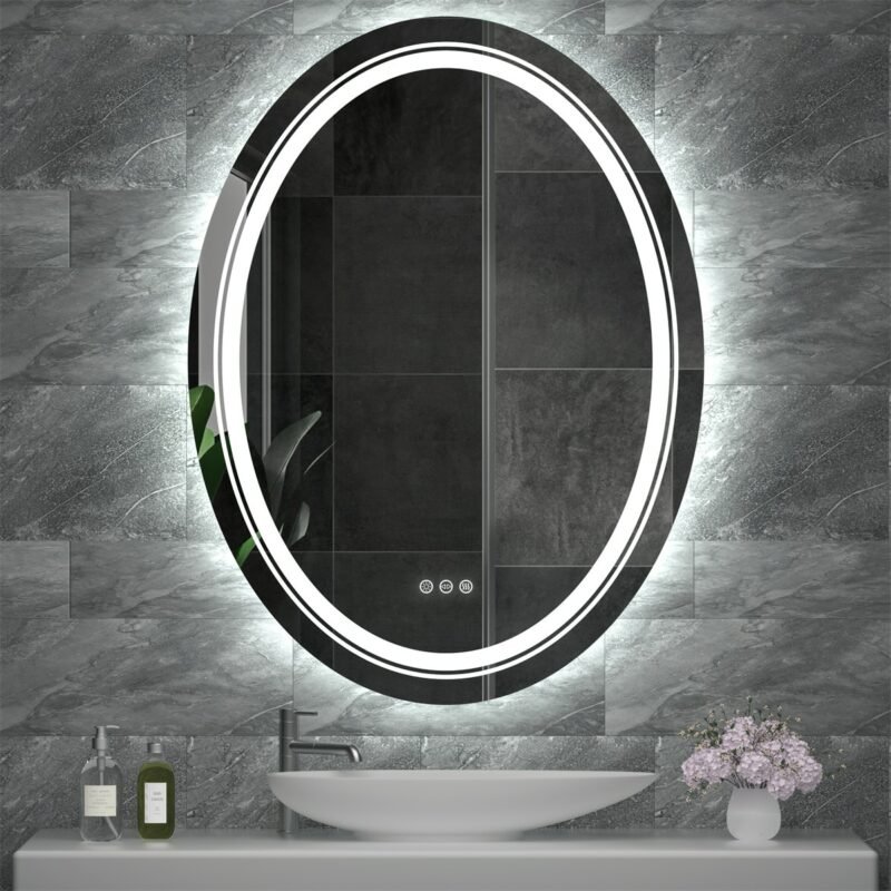LED Illuminated Mirror Oval Bathroom Makeup Mirror with Dimmable 3