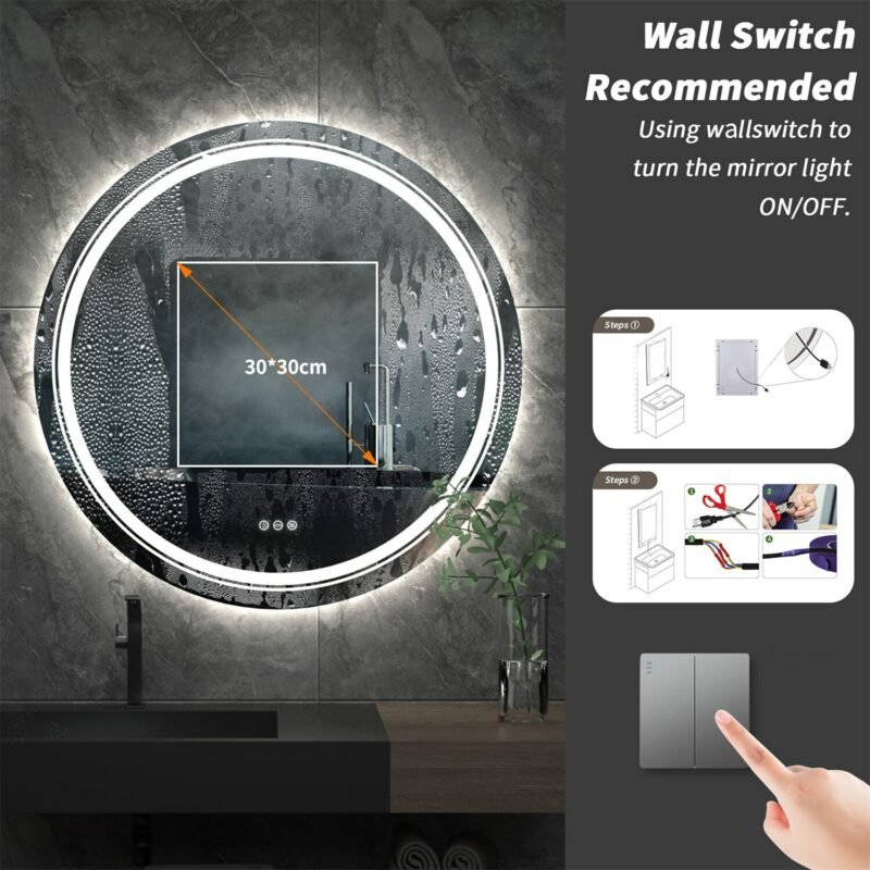 Extra Large Round Bathroom LED Vanity Mirror, UL Certified, Anti-Fog Dimmable Lights IP54 Waterproof Circle Makeup Wall Mounted 5