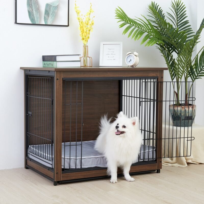 Vintage Pet Crate Dog Cage with Table Top Wooden Barrier Gate With Floor Tray for Indoor 1