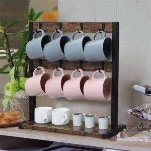 Vintage Wood Coffee Mug Holder Stand 2 Tier Countertop Mug Tree Holder Rack Base Coffee Mug Holder Stand 1