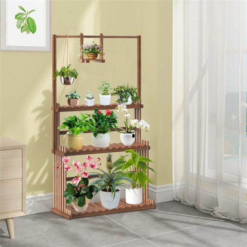 3-Tier Hanging Wood Plant Stand Planter Shelves Flower Pot Organizer Rack Multiple Display Holder Shelf Indoor Outdoor 4