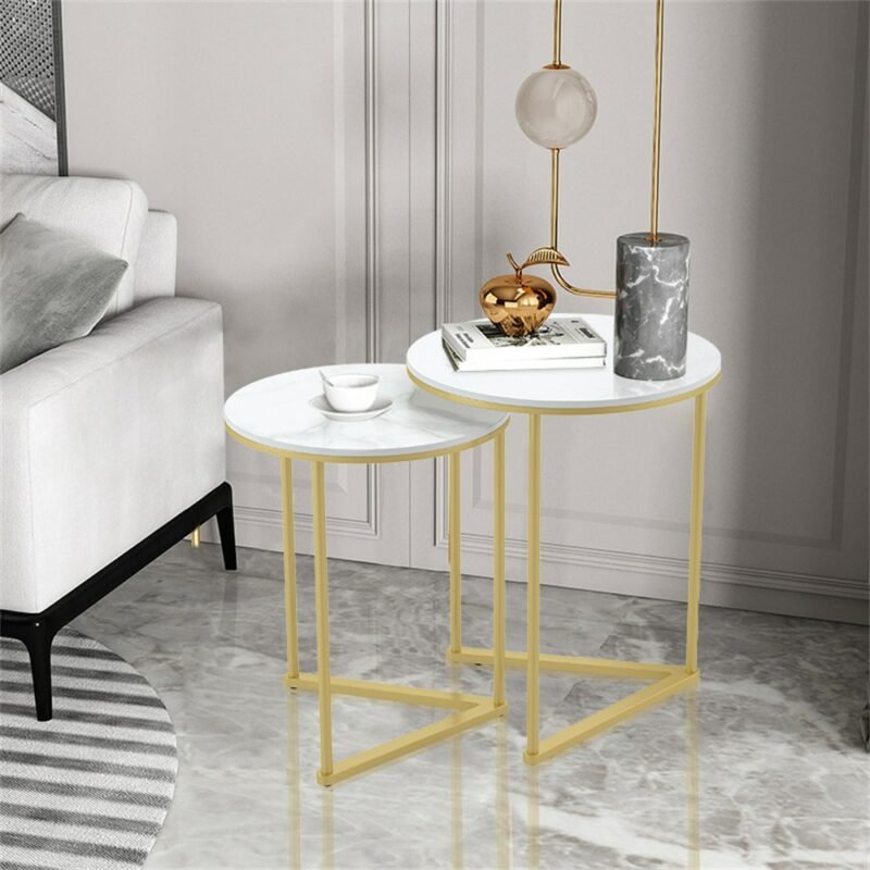 Modern Round Marble Metal Base Nesting Set Side Accent Table Living Room Storage Small End Table, Set of 2, Marble and Gold 2
