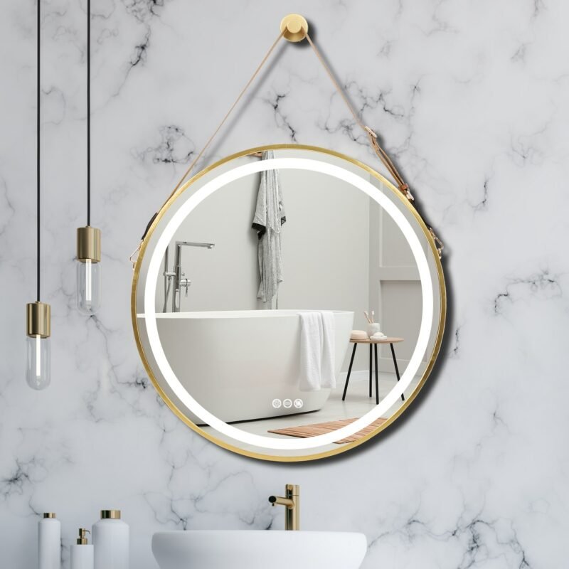 Frame Round Mirror,Round Bathroom Mirror with Light,Wall Mounted Lighted Vanity Mirror, Anti-Fog & Dimmable Touch Switch 3