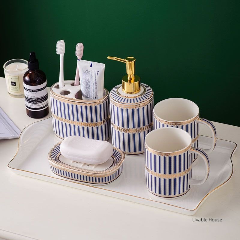 Luxury Blue Gold Ceramic Bathroom Five-piece Bathroom Supplies Soap Dispenser Brushing Mouth Cup Soap Dish Tray Toiletry Set 2
