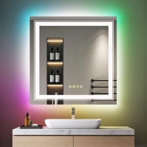 RGB Backlit Front Lighted Mirror 32 Inch Square Dimmable 11 Color Changing Smart Anti-Fog Vanity Mirrors with Light Memory 1