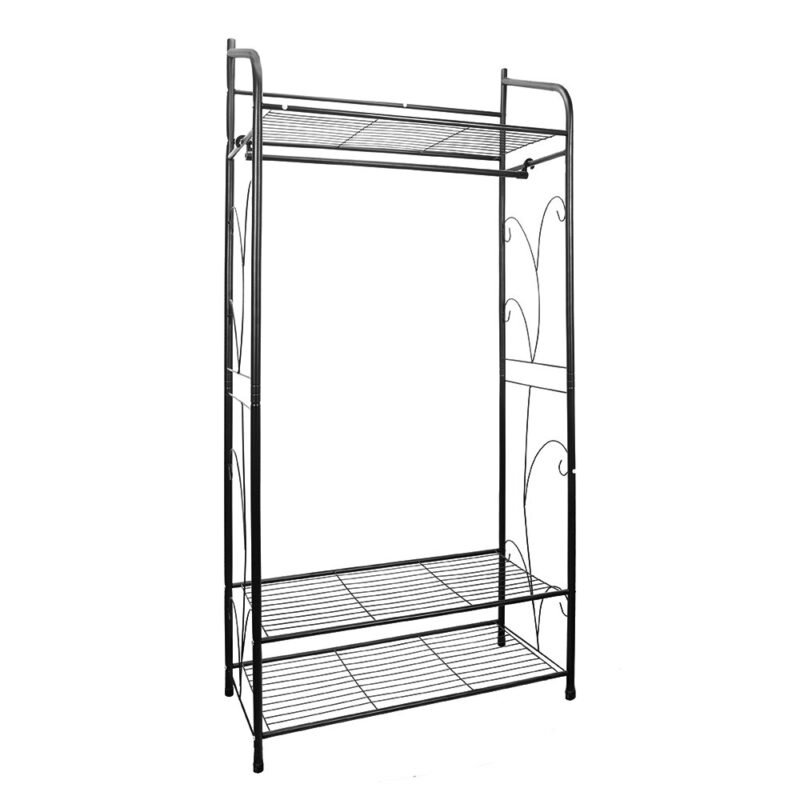Heavy Duty Clothes Rail Clothes Rack Black Metal Garment Rack Stand for Bedroom with Storage Shelves 2 Shelf Shoe Rack 4