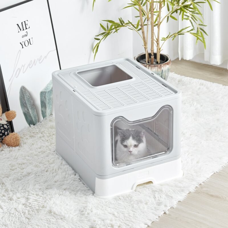 XXL Large Space Foldable Cat Litter Box with Front Entry & Top Exit with Tray 3