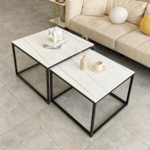 Modern Nesting Coffee Table Set of 2 for Living Room Center Office, Square Marble Cocktail Table with Stackable, White/Black 1
