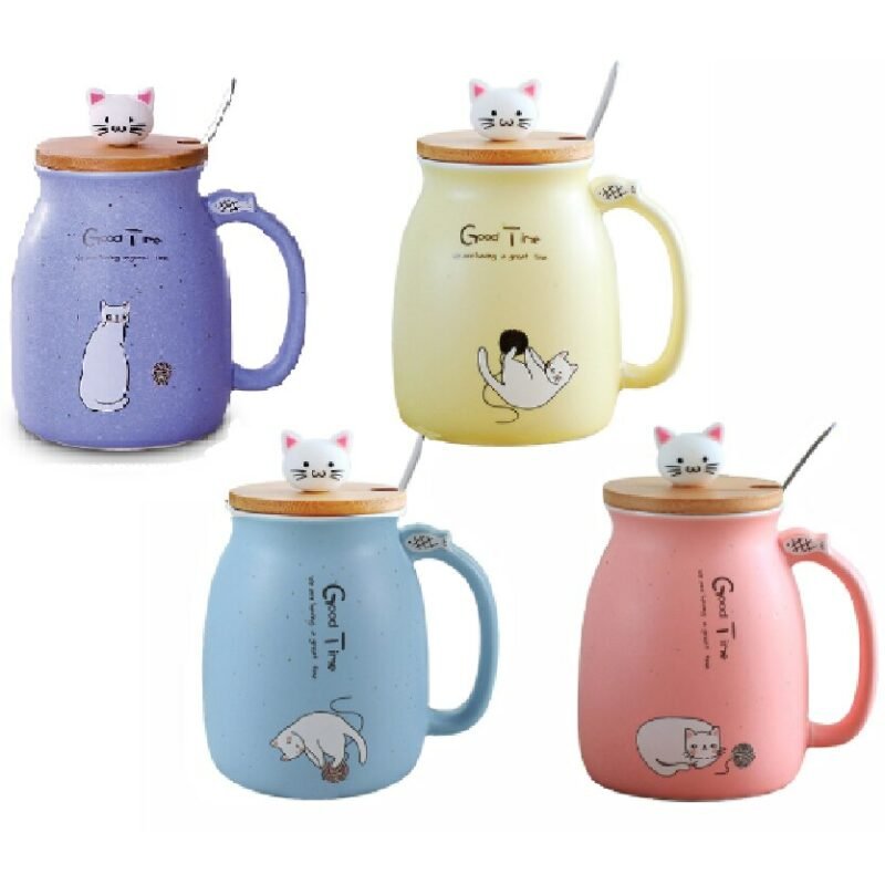 450ml Ceramic Cup Cartoon Cat Coffee Milk Breakfast With Wooden And Stainless Steel Spoon Gift Cup Set 2022 FULLOVE 5