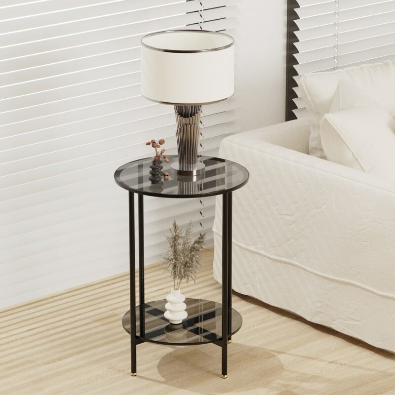 2-Tier Round Coffee Table Glass Simple Modern Center Table for Living Room Home, Sofa Side Table with Metal Steel Frame 2