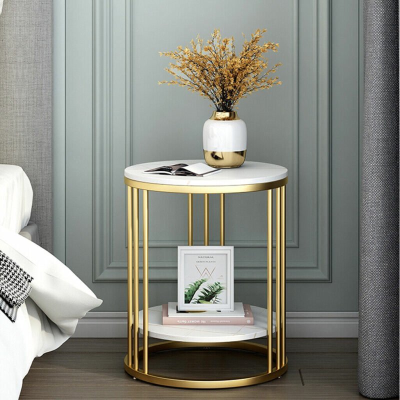 2-Tier White Marble Side Table Round Coffee Table Nightstand Jewellery Storage 3