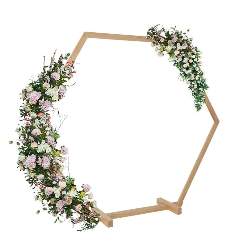 Hexagonal Wooden Wedding Ceremony Arch Bridal Party Backdrop Arch Stand Garden Arbor for Outdoor Weddings, Flowers Garland 2