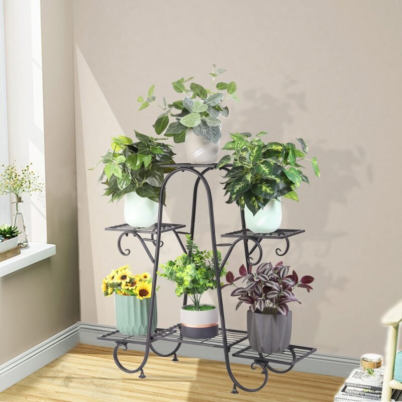 6 Tiers Plant Stand for Indoor and Outdoor Black Metal Flower Pot Shelf Multi-Tiered Plant Pot Holding Display Rack 2