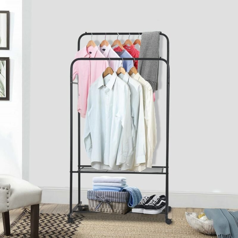 1.5m Large Clothes Rack Double Rail Rolling Stand Shoes Rack Storage Shelf White 4