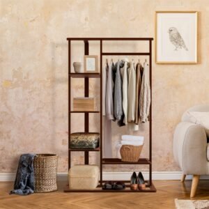 3-in-1 Bamboo Hall Tree, Clothes Rack with Shelves & Shoe Bench, Heavy Duty Clothes Organizer with hanging Rod 1