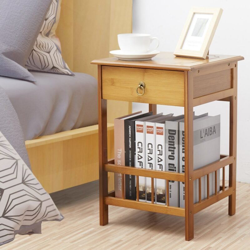 Bamboo Bedside Table with Drawer Bedroom Nightstand Plant Storage Shelving Unit 6