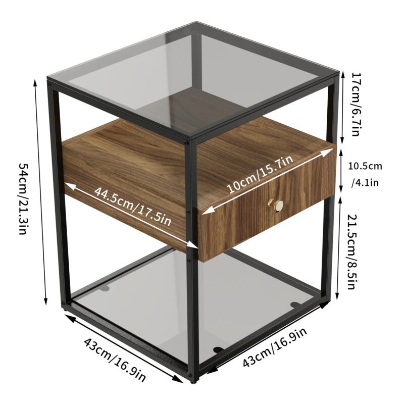 Tempered Glass Side Table, Nightstand, with Drawer and Shelf, Decoration in Living Room, Stable Steel Frame 6