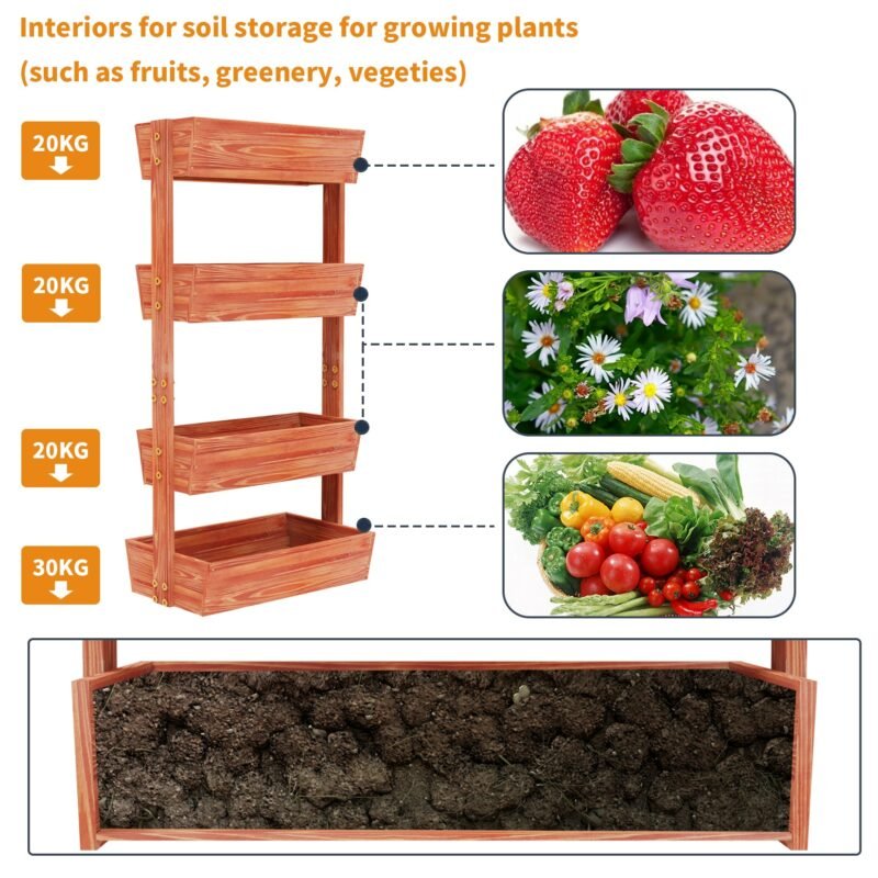 4-Tier Raised Garden Bed, Vertical Flower Pots Rack with Detachable Ladder and Adjustable Shelf, Wooden Elevated Planters Stand 4