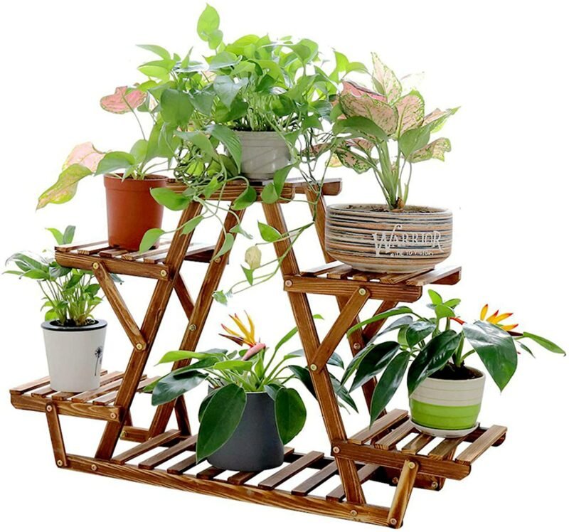 6 Tiered Wood Plant Stand Indoor Outdoor Carbonized Triangle Corner Plant Rack 2