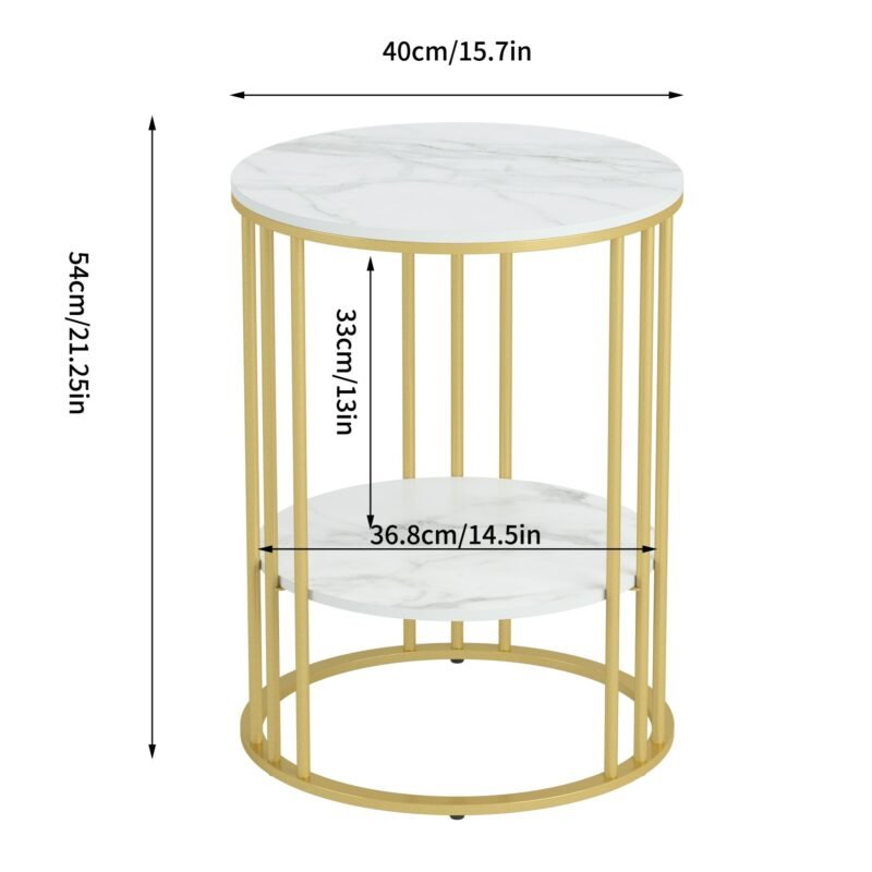 Round Marble Accent Table End 2 Tiers Storage Table Gold Metal Frame Nightstand for Living Room, Bedroom 5