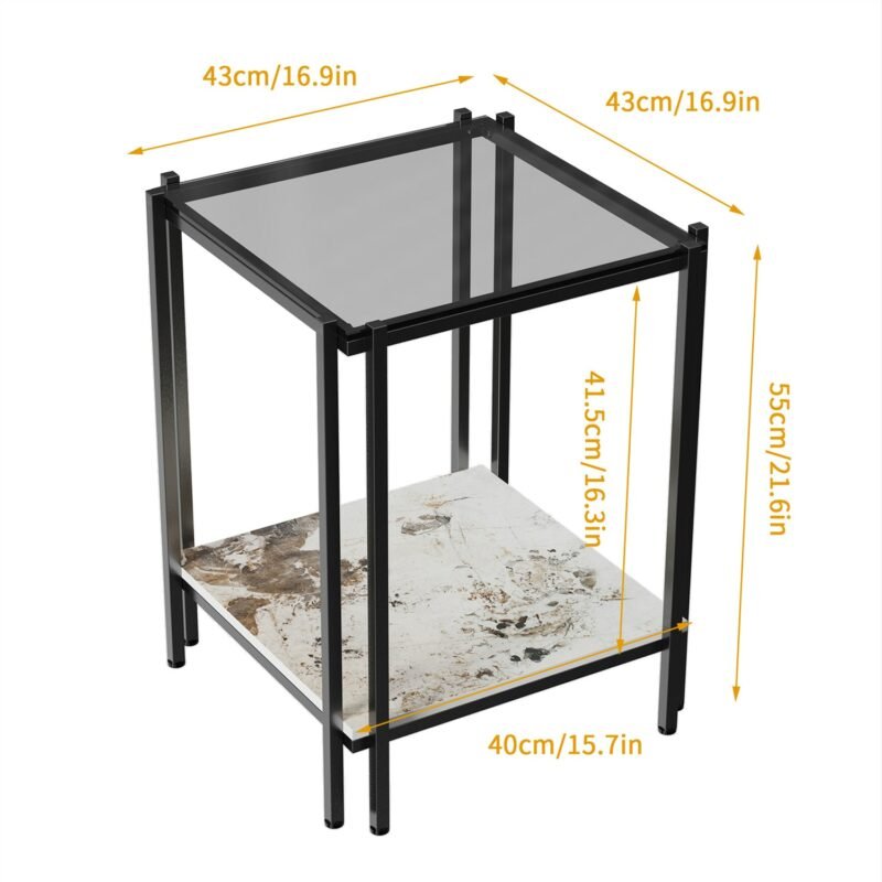 Modern End Table Living Room Side Table Glass with Black Painted Metal Frame Nightstand with Sintered Stone Shelf 5