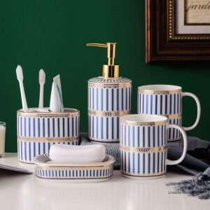 Luxury Blue Gold Ceramic Bathroom Five-piece Bathroom Supplies Soap Dispenser Brushing Mouth Cup Soap Dish Tray Toiletry Set 1