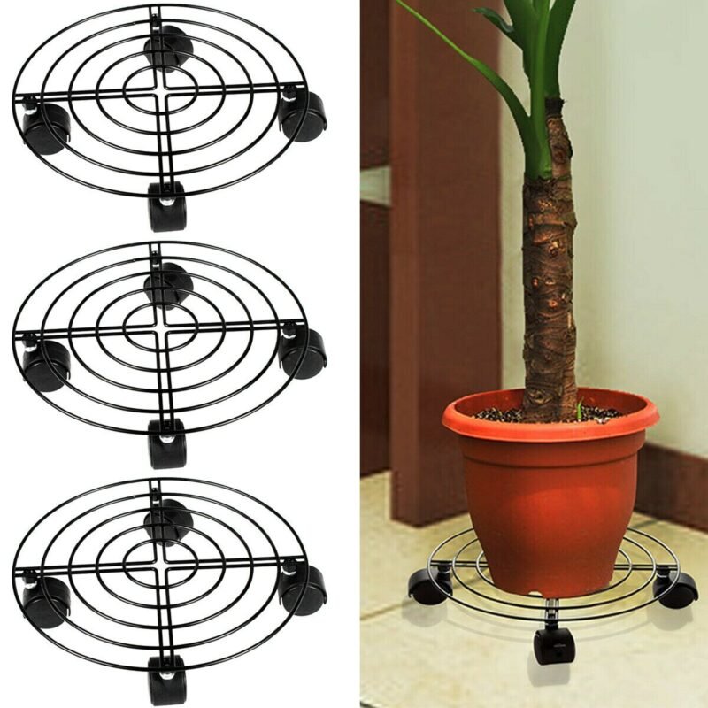 3X Metal Plant Stand Indoor Planter Caddy Round 4 Wheels Flower Pot Mover Trolley Plant Caddy Stand Wheels Rolling Outdoor Dolly 2