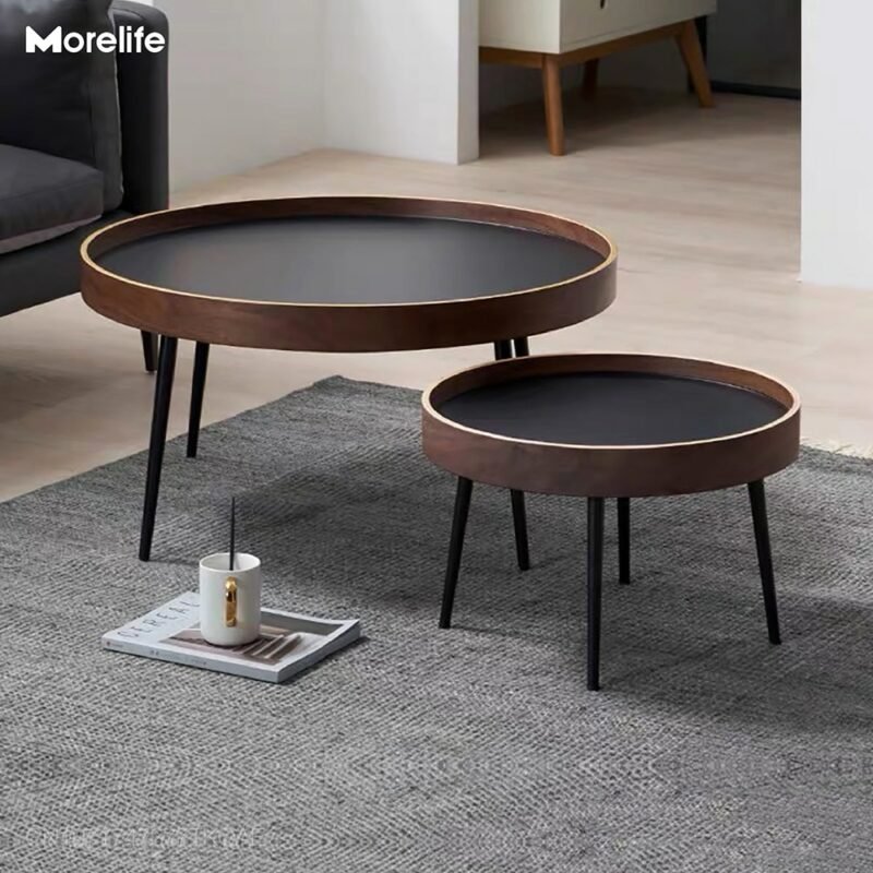 Coffee Table Nordic Side Table Solid Wood Light Luxury Modern Minimalist Round Living Room Walnut Combination  Tea Table 4