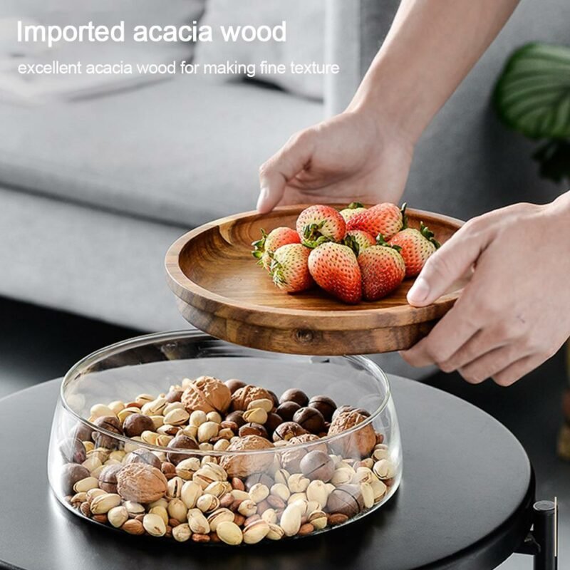 Glass Bowl with Wood Plate Fruit Nut Dried Storage Box Container  Candy Storage Box Fruit Tray With Wooden Lid For Home Kitchen 4