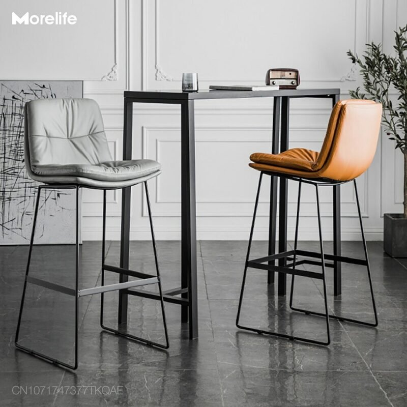 Nordic style back leather bar chair family light luxury iron high stool coffee shop modern simple flannel bar chair 3
