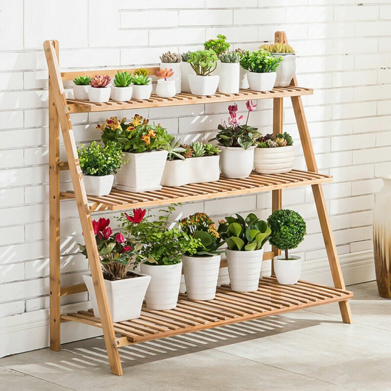 100cm 3 Tier Foldable Bamboo Flower Pot Plants Display Shelf Planter Organizer for Outdoor Indoor 2