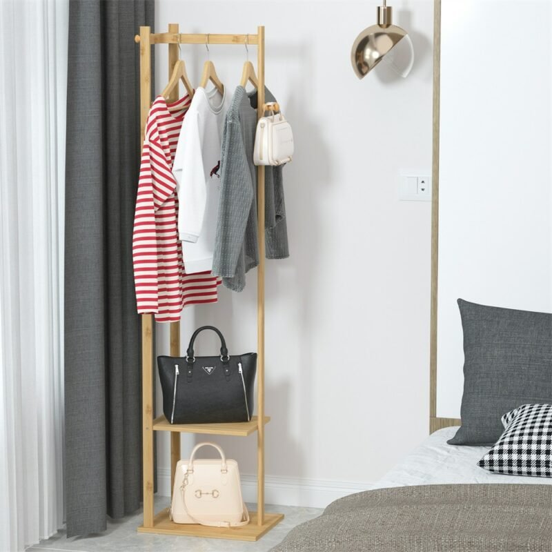 Coat Tree Solid Bamboo Freestanding Coat Rack with Storage Garments Corner Stand with Hooks for Home Bedroom 2