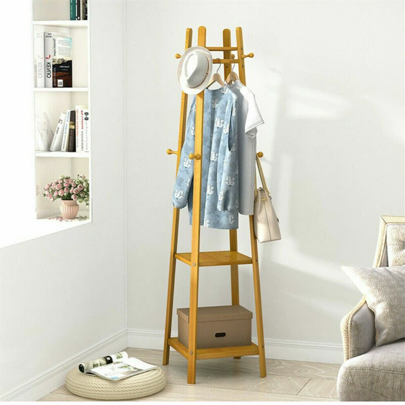 Bamboo Coat Rack Free Standing 2-Shelves Clothing Storage Garment Organizer Stand with 8 Hooks Clothes Poles 55kg Load-bearing f 1