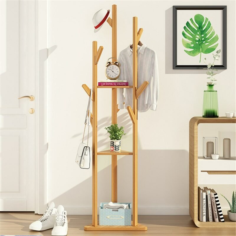 Bamboo Coat Rack Tree Cloth Hanger 9 Hooks 3-Layer Shelf Stand Hallway Living Room for Hat,Clothes,Scarves,Handbags,Umbrella 1
